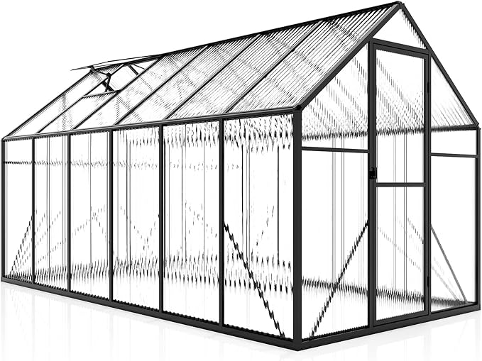 Jocisland 6x12x6.3 FT Polycarbonate Walk-in Greenhouse with Dual Doors and Roof Vents, Outdoor Garden Greenhouse, Black