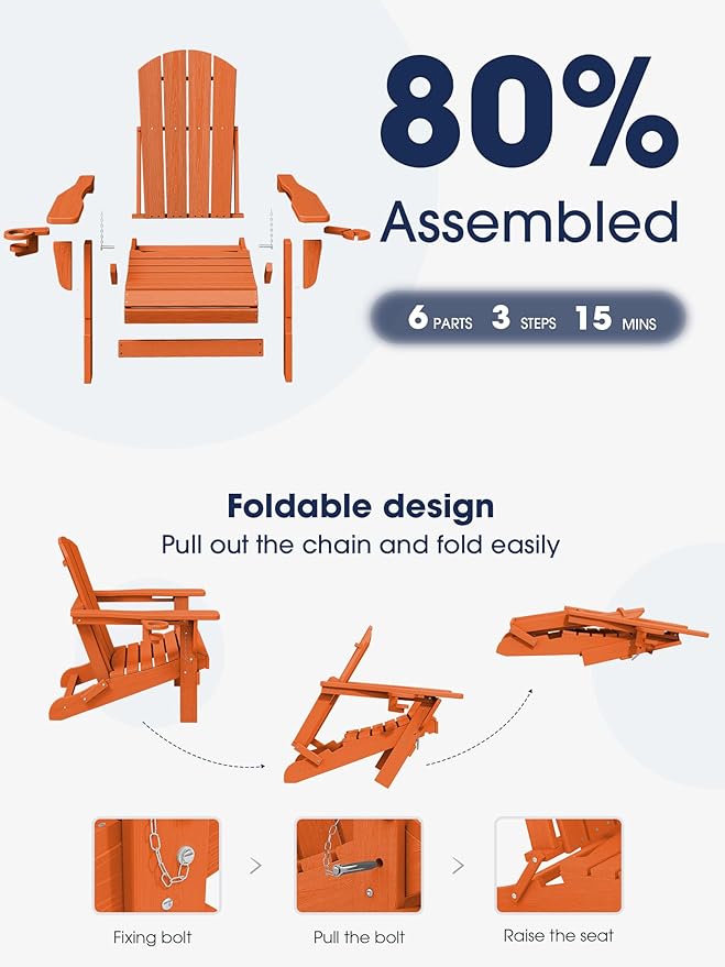 KINGYES Folding Adirondack Chair Set of 2, Dual Cup Holders & All-Weather HDPE, Wood-Like Patio Chair for Backyard, Camping, Pool & Fire Pit, Orange