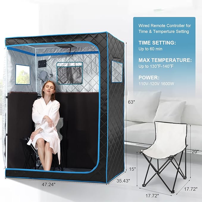 2 Person Portable Infrared Sauna for Home, Oversize Saunas Tent with Remote Control, Two Person Dry Heated Indoor Sauna Spa for Relaxation & Detox, 2 Foldable Sauna Chairs for Gym