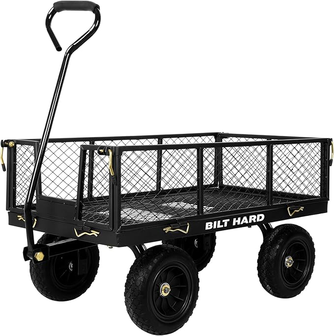 BILT HARD 400 lbs 10" Flat Free Tires Steel Garden Cart with 180° Rotating Handle and Removable Sides, 4 Cu.Ft Capacity Utility Heavy Duty Garden Carts and Wagons