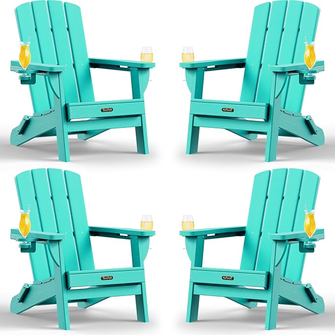 Folding Adirondack Chair 4 Pack, HDPE All-Weather Fire Pit Chairs, Plastic Adirondack Chairs with 2 Cup Holder, Outdoor Lawn Chair for Patio Garden (Lake Blue)