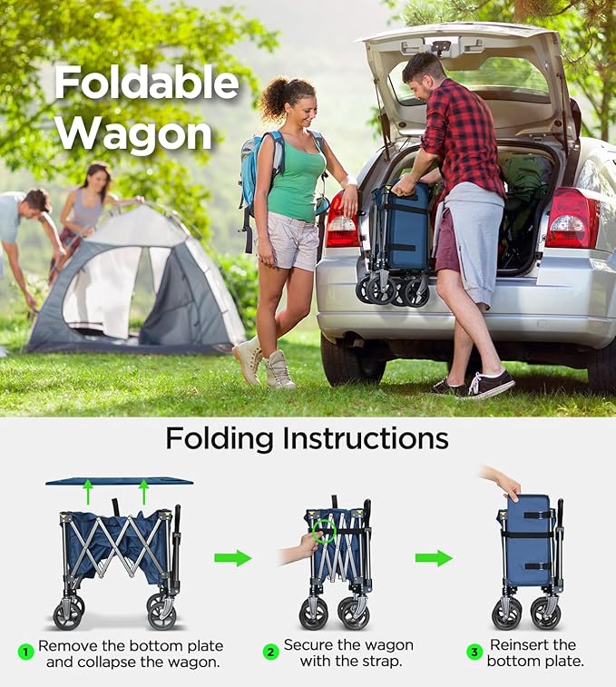Collapsible Folding Wagon Cart with Large Wheels & 150L Capacity | Heavy-Duty Foldable Utility Wagon for Groceries, Camping, Beach, Sports & Garden Use | Compact Storage, No-Tool Setup-Blue