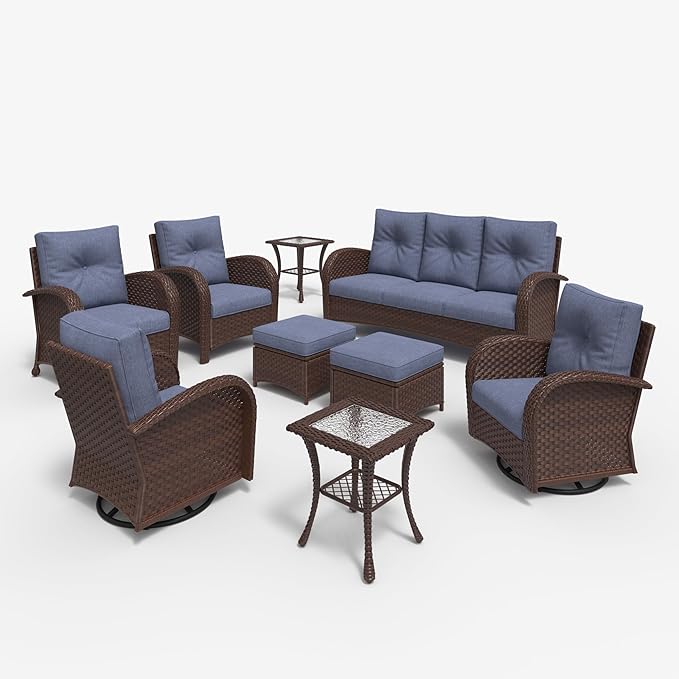 LayinSun 9 Pieces Outdoor Patio Furniture Set, Rattan Wicker Sectional Swivel Rocker Chairs Sets