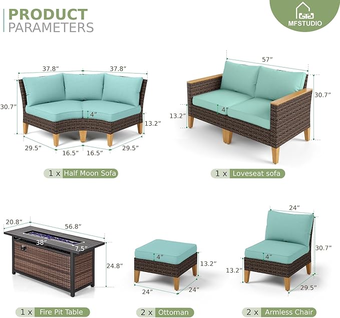 MFSTUDIO 9 Pieces Wicker Patio Furniture Set with 56" Fire Pit Table, Rattan Outdoor Half-Moon Patio Conversation Set, 2 x Curved Sofa, 2 x Armless Chair, 2 x Ottoman, 2 x Corner Sofa(Aqua Blue)