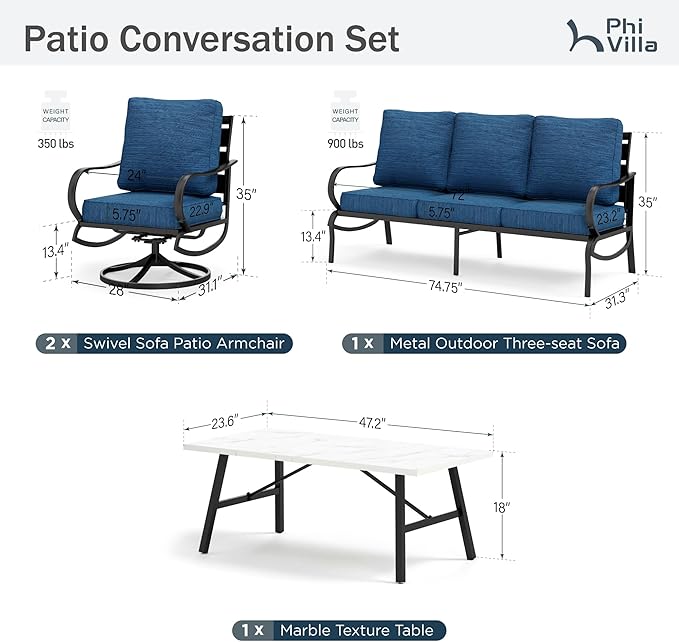 PHI VILLA 4 PCS Patio Furniture Sets for 5 Person with 1 x 3-Seat Deep Seating Bench, 2 x Cushioned Swivel Sofa Chairs & 1 x Coffee Table, Outdoor Metal Conversation Set for Lawn Garden, Peacock Blue