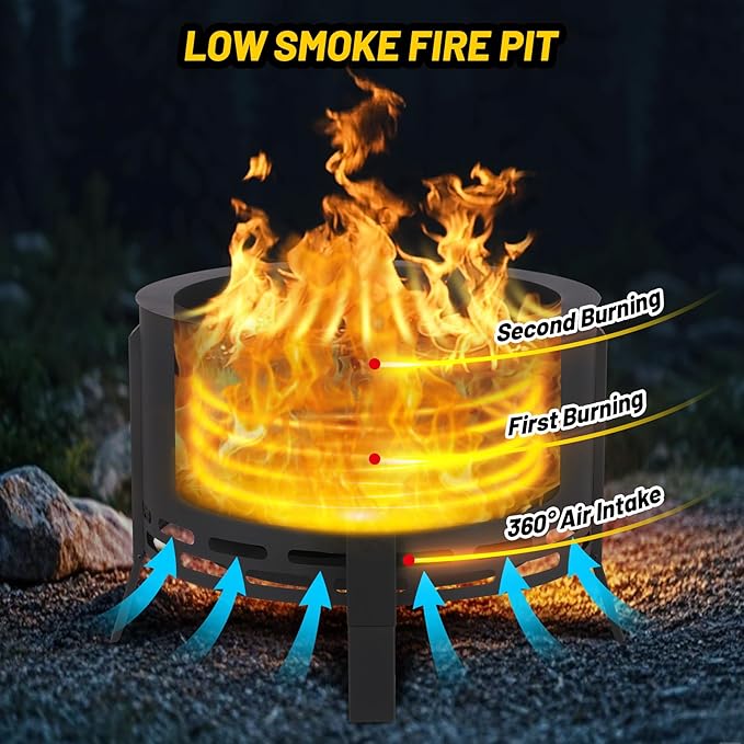 GarveeLife 26 in Smokeless Fire Pit with Ash Tray Base,Smokeless Outdoor Firepits with Adjustable Foot&Fire Poker,Firepit with Dust Bag,Outdoor Fire Pits for BBQ,Bonfire,Camping