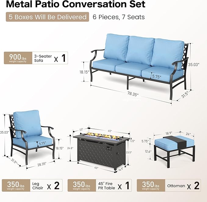 SUNSHINE VALLEY 6 Piece Metal Outdoor Patio Furniture Set with Firepit Table, Patio Conversation Set 1 3-seater Sofa, 2 Fixed Chair, 2 Ottomans with 5.75" Thick Cushion, Black Backyard Furniture, Blue