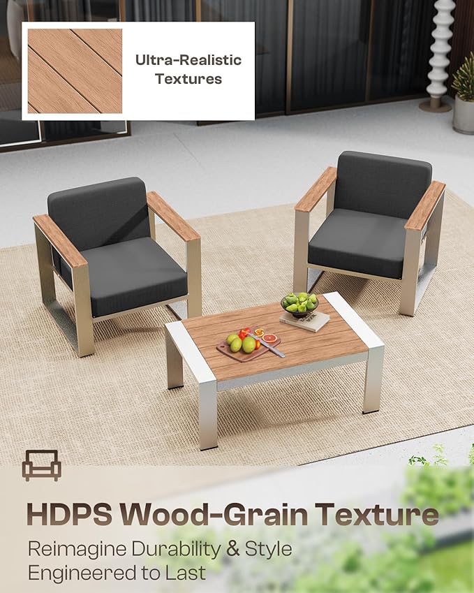 Outdoor Patio Furniture Set, 4 Piece Aluminum Patio Furniture Set with Wide Seat and Thick Cushions, Modern Outdoor Patio Conversation Sets for Deck, Porch (Teak-Charcoal)
