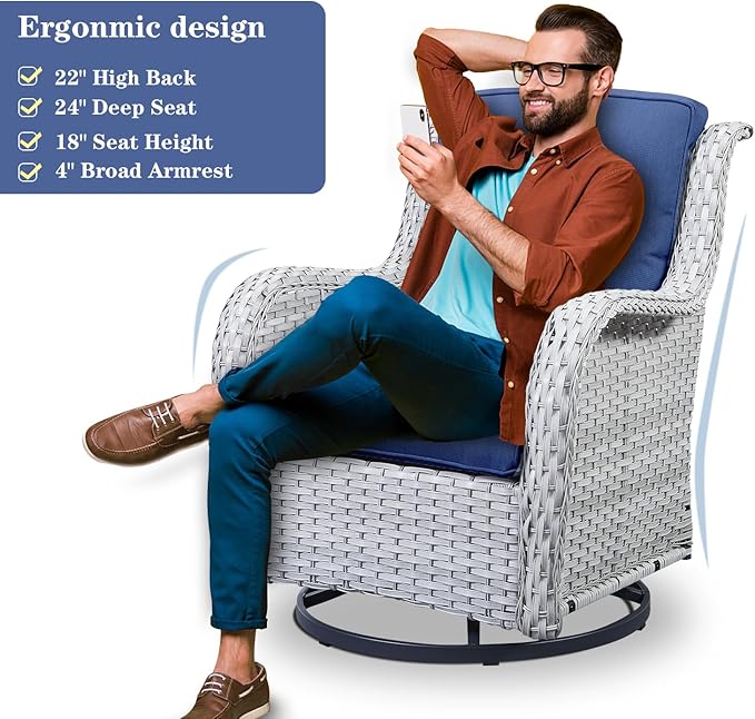 Belord Wicker Patio Furniture Sets - 13 Piece Outdoor Rattan Furniture Conversation Sets with 4 Swivel Rocker Chairs, 2 Rattan Sofas, Wicker Ottomans and Coffee Table, Light Grey/Blue