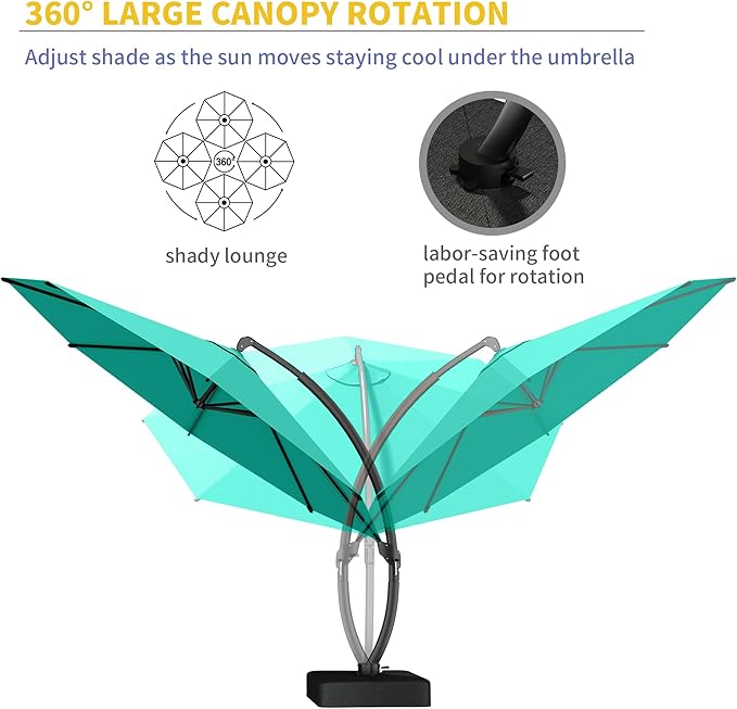 Kingdura 12ft Cantilever Patio Umbrella with Base Included, Large Round Offset Outdoor Pool Umbrella, 360° Rotation & Infinite Tilt, Heavy Duty Aluminum Frame for Deck Backyard, Turquoise blue
