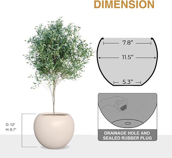9.7"H x 12"D Globo Fiberstone Round Planter - Christmas Tree Planter, Smooth Finishes, Weather Resistant for Indoor & Outdoor Use, Included 2 Extra Coco Mats (Kilim Beige, 7.8" Pot Opening)