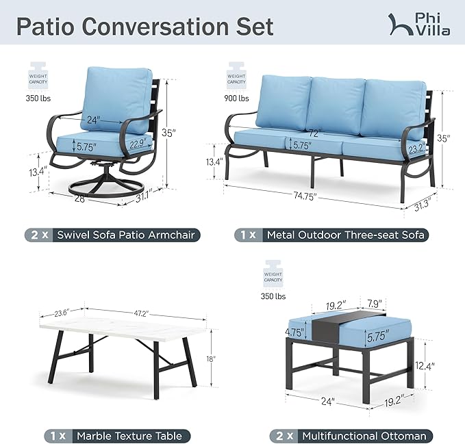 PHI VILLA 6 Piece Patio Furniture Sets with 1 x 3-Seat Deep Seating Bench, 2 x Cushioned Swivel Sofa Chairs, 1 x Coffee Table & 2 Ottoman, Outdoor Metal Conversation Set for Lawn Garden, Light Blue