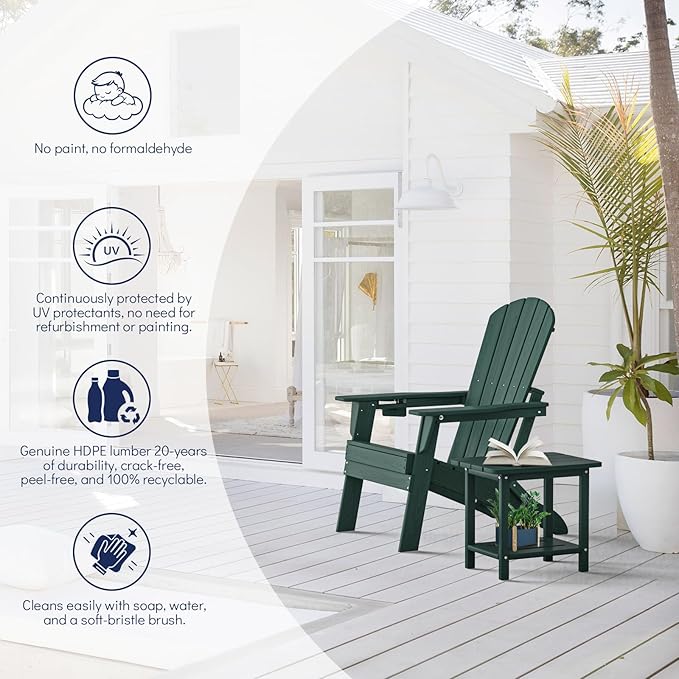 Plawdlik Folding Adirondack Chair, SGS Tested, Wooden Textured with Cup Holder, Heavy All-Weather HDPE Comfortable Set Poolside Backyard Lawn Green