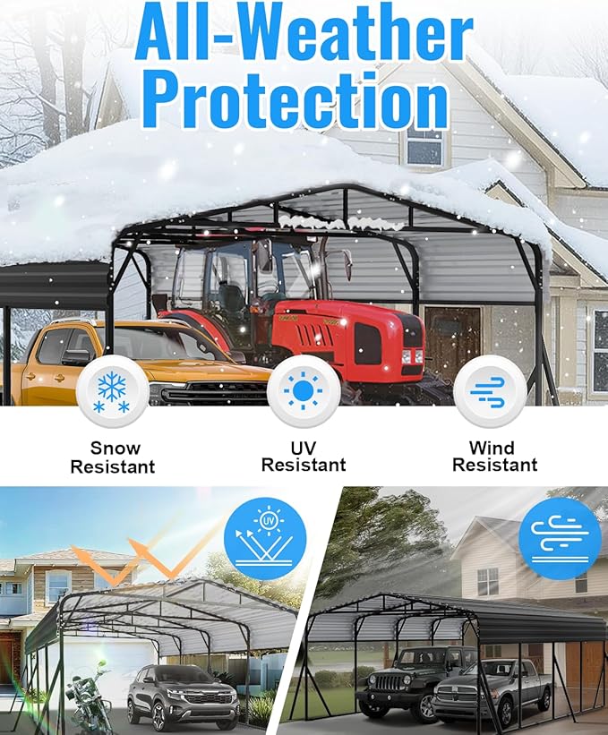 20X20FT Heavy Duty Carport, Metal Carport with Reinforced Frame & Side Support Poles for All-Weather, Large Outdoor Car Port Suitable for Parking Pickup, Boat, Car, and Tractor