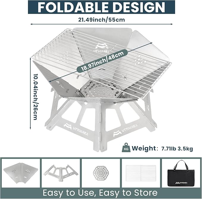 21" Portable Outdoor Fire Pit, Stainless Steel Portable & Collapsible Fire Pit with Charcoal Grill Net & Storage Bag,Wood-Burning for Patio, Backyard BBQ, Camping & Beach Bonfires