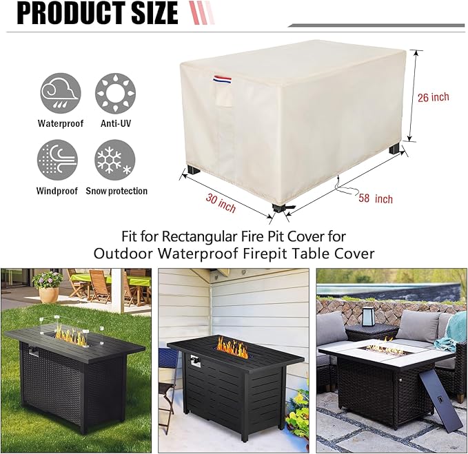 Fire Pit Cover Rectangular 58 Inch - Waterproof Outdoor Fire Table Cover Rectangle Heavy Duty, 600D Patio Propane Gas Firepit Cover Rectangular Tear Weather Resistant - 58 x 30 x 26 Inch Beige
