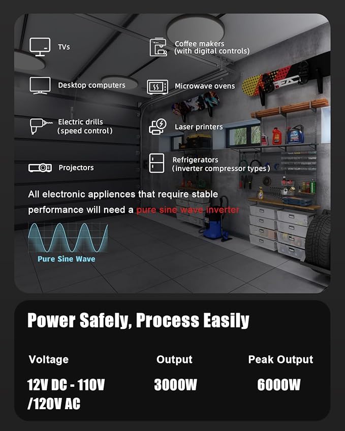 LVYUAN 3000 Watt Pure Sine Wave Power Inverter, DC 12V to 110V Inverter with 2 AWG Battery Cables, Remote & LCD Screen Panel, 4 AC Outlets, 5V/3.1A USB, 20W USB C, 6000 W Surge for RV, truck, off grid