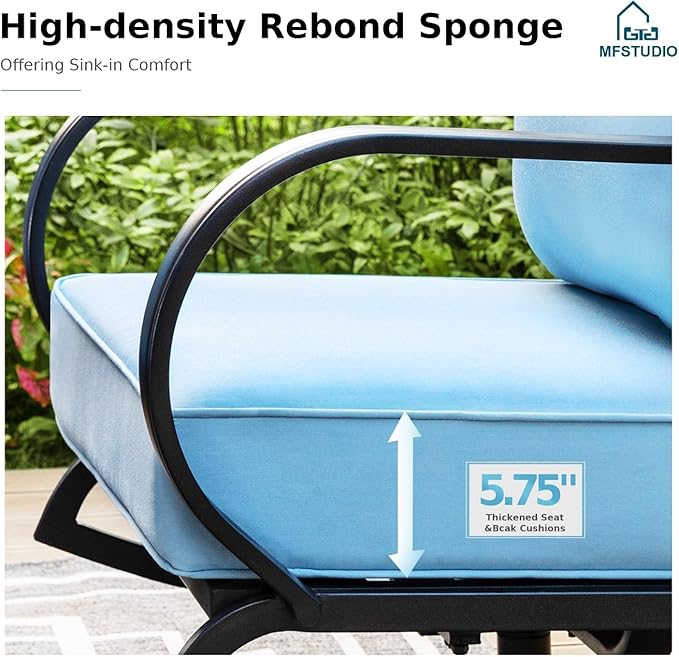 MFSTUDIO Patio Furniture Sets with 45" Gas Fire Pit Table, 8 Pieces Outdoor Metal Conversation Sets with 1 x 3-Seat Sofa, 2 Single Chairs, 2 Swivel Chairs and 2 Ottomans, Blue Cushion