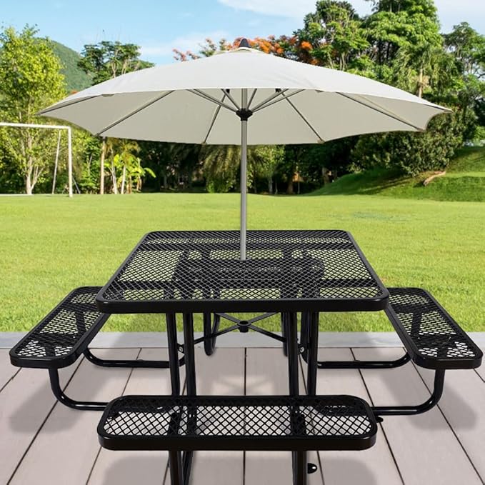 KUFUH 46" Square Metal Picnic Table for 4-8 Person, Durable Heavy Duty Commercial Picnic Table with Umbrella Hole for Outdoor Coffee Shop, School, Hospital, Easy to Install, Black