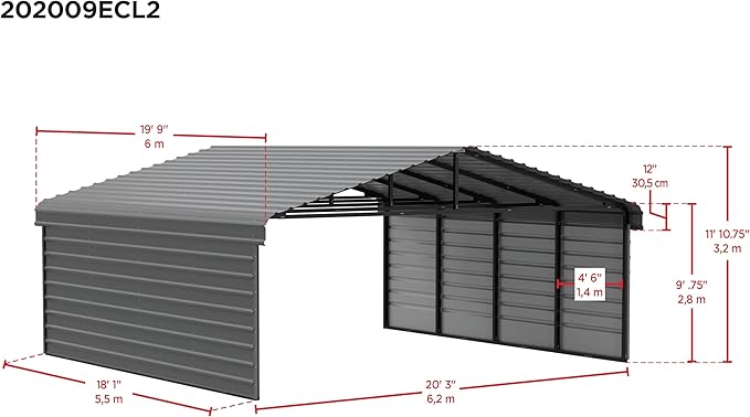 Arrow Carports Galvanized Steel Carport, with 2-Sided Enclosure, Compact Car Metal Carport Kit, 20' x 20' x 9', Charcoal
