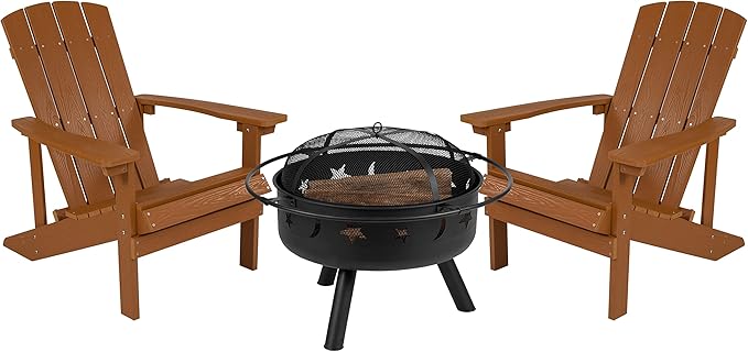 EMMA + OLIVER Campfire Set - Two Teak Poly Resin Adirondack Chairs - 29" Star and Moon Fire Pit with Mesh Cover - Weather Resistant - Wood Burning Fire Pit