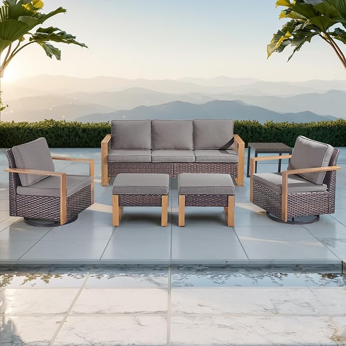 Rilyson Outdoor Wicker Patio Furniture Set - 6 Piece Patio Conversation Set with 2 Wicker Swivel Rocker Chairs,2 Rattan Ottoman,1 Side Table and 1 Couch,Thick Cushions,Deep Seating(Brown/Grey)