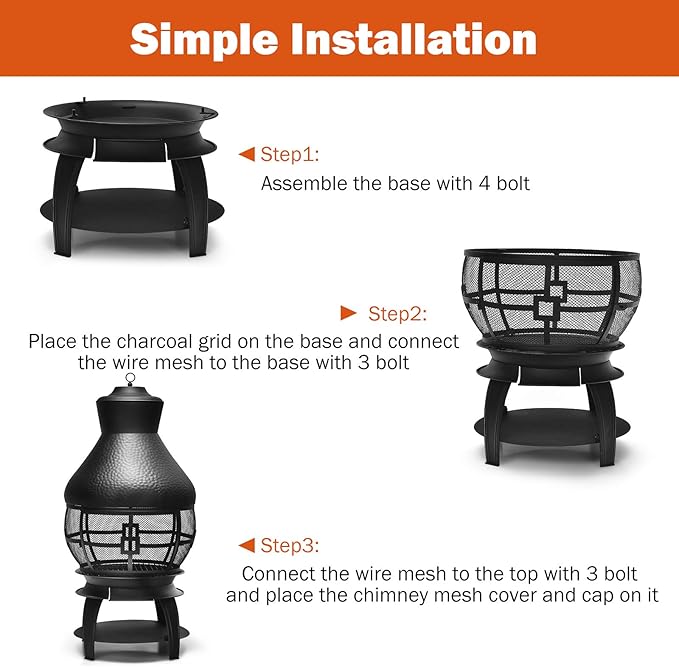 Giantex Wood Burning Chiminea, Heavy Duty Fireplace Chiminea Wooden Fire Pit with 2-Piece Log Grate, Premium Rain Cap & Fire Poker, 360°Fire Retardant Mesh Cover, Ideal for Garden, Patio, Backyard
