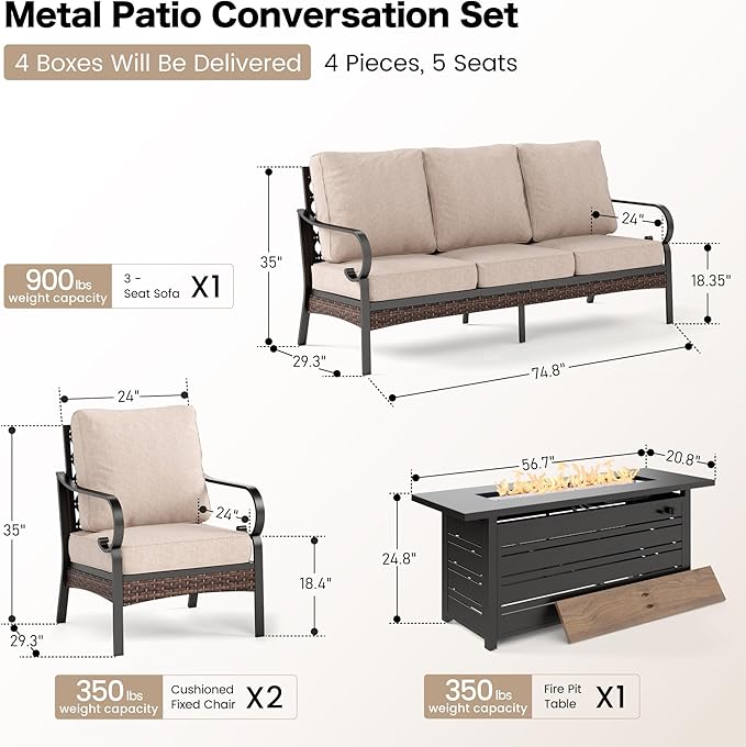 SUNSHINE VALLEY 4 Piece Black Metal Outdoor Patio Furniture Sets with Firepit Table, Patio Conversation Sets 1 3-Seater Sofa, 2 Single Sofa with 5.75" Thick Cushion Backyard Furniture for Deck, Beige