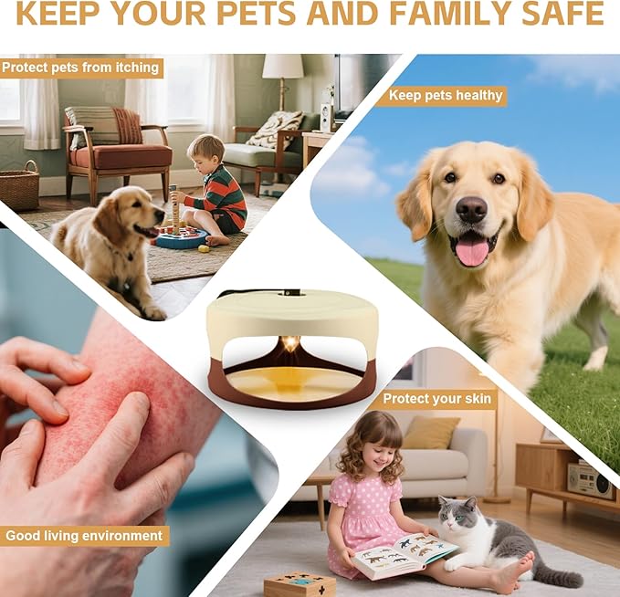 Flea Trap 4 Packs-Flea Traps for Inside Your Home, Bed Bug with Light for Indoor, Friendly Light Trap for Indoor & Garage with 12 Sticky Disc 12 Bulbs 4 Electric Wires, Safe to Pets & Human (Brown)
