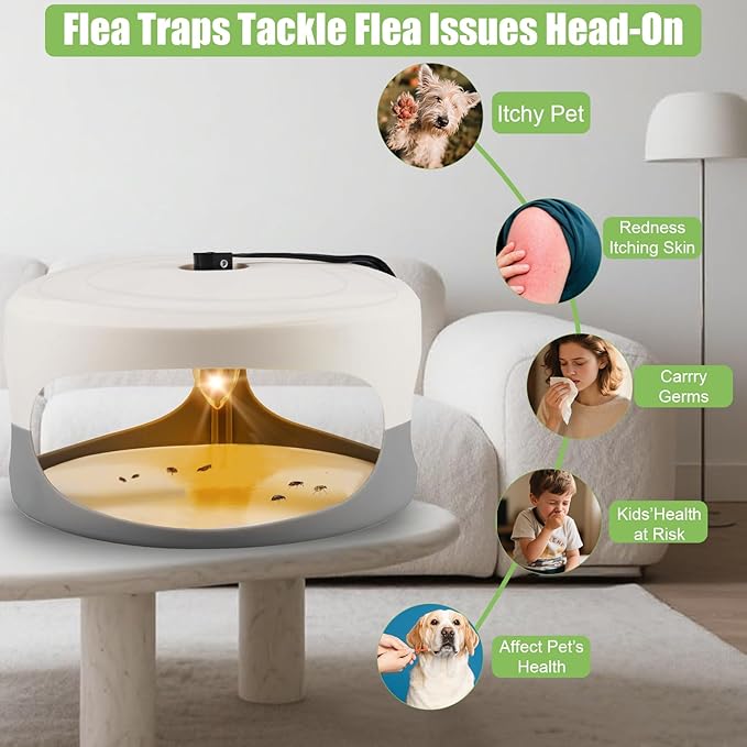 Flea Traps for Inside Your Home, 4 Packs Flea Trap for Home & Garage with 12 Sticky Disc 12 Bulbs 4 Electric Wires Bed Bug with Light for Indoor Safe to Pets