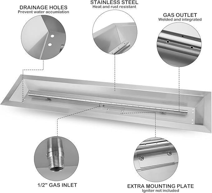 Stanbroil 30 x 6 Inch Linear Natural Gas Fire Pit Burner Kits with Spark Ignition, 304 Stainless Steel Firepit Replacement for Outside Fire Table Backyard, 54,000 BTU'S Max