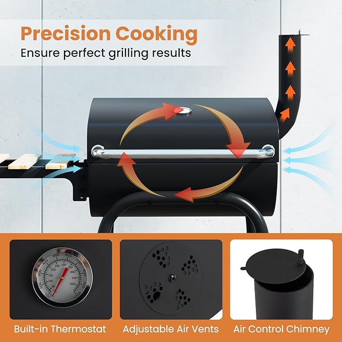 Giantex Portable Charcoal Grill with Foldable Side Table, Outdoor BBQ Smoker Grill with Wheels, Thermometer, Adjustable Air Vent, Bottom Shelf, Barrel Barbecue Grills for Patio, Camping & Tailgate