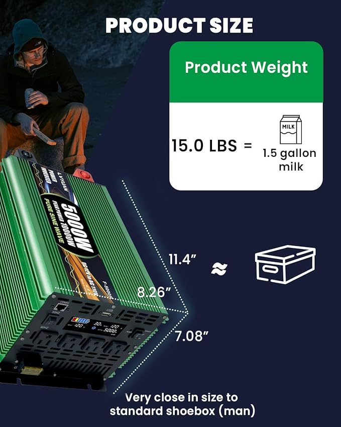 5000 Watt Pure Sine Wave Power Inverters, DC 12V to 110V Inverter with 0 AWG Battery Cables, Remote & LCD Panel Control, 4 AC Outlets, 5V/3.1A USB, 20W USB C, 10000 W Surge for RV, Truck, Off Grid
