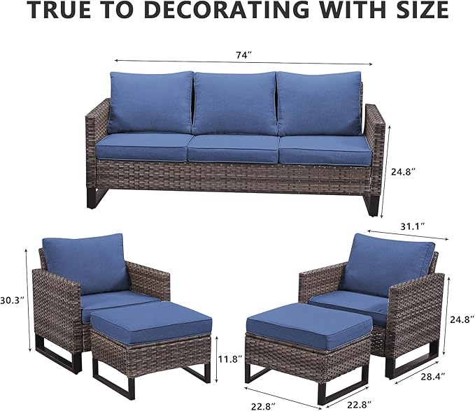HUMMUH 5 Piece Patio Furniture Set All Weather Wicker Outdoor Sectional Sofa,High Back Patio Chairs and Ottomans for Porch,Garden,Backyard