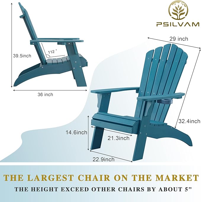 Psilvam Adirondack Chair, Oversized Poly Lumber Fire Pit Chair with Cup Holder, 350Lbs Support Patio Chairs for Garden, Weather Resistant Outdoors Seating, Relaxing Gift for Father & Mother(2, Blue)