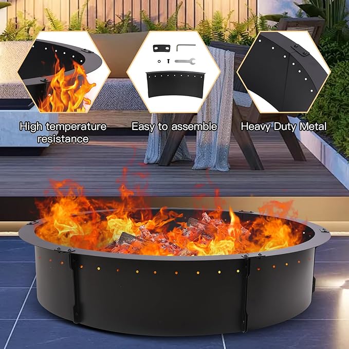 45 inch Fire Pit Ring,Large Round Firepit for Outdoor Fire Liner Wood Burning Heavy Duty Metal Campfire Ring Above or In-Ground, Black 45-Inch Outer/40-Inch Inner Diameter