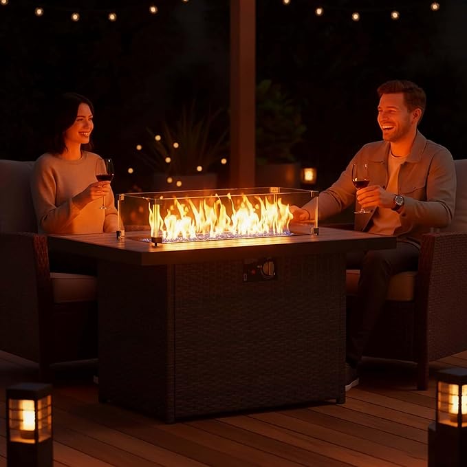 Propane Fire Pit Table, 44" Outdoor Gas Fire Pit with Glass Wind Guard & Waterproof Cover