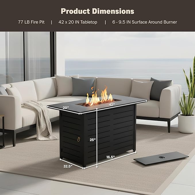 Mazatzal 42 Inch Propane Fire Pit Table, 60,000 BTU Outdoor Tabletop Fire Pit with Lid, Weather Cover, Lava Rock, Rectangular Steel Gas Fire Pit for Outside, Patio, Backyard, CSA-Certified, Black