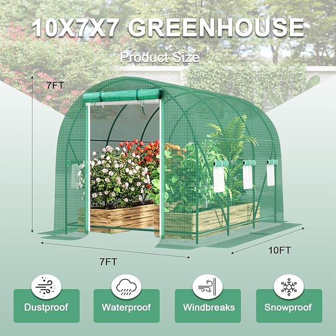 Walk-in Tunnel Greenhouse，Portable Plant Hot Housewith Dual Zippered Screen Doors & 6 Screen Windows Heavy Duty Plastic Plant Warm House with Reinforced Frame (10x7x7 FT)