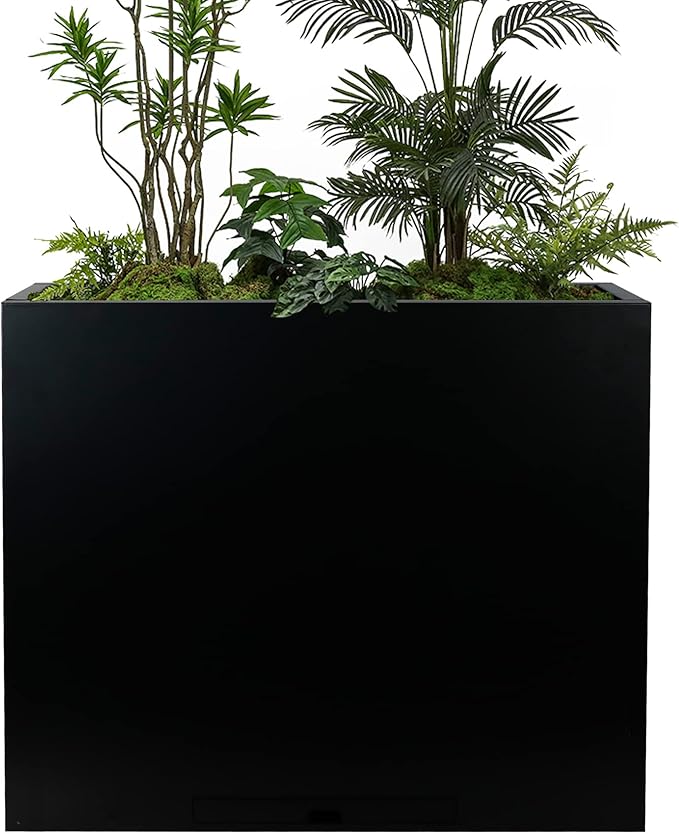 KOL 32" H Metal Steel Rectangular Planter Box Planters for Indoor Outdoor, Tall Heavy Duty Modern Flower Plant Pot with Water Collecting Tray, Black, Commercial Residential (36" L.x11 W.x32 H.)