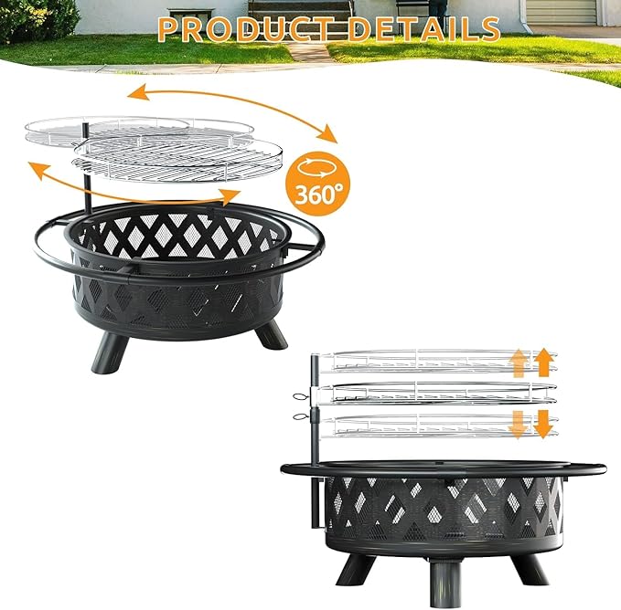 Amopatio Outdoor Fire Pit with Mat & Cover, 30 Inch Large Wood Burning Fire Pits, Patio Backyard Firepit with Steel BBQ Grill Cooking Grate, Spark Screen & Poker for Garden, Bonfire, Camping, Picnic