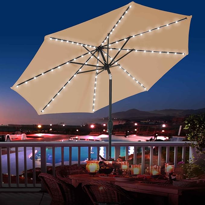 Sundale Outdoor Olefin 5-Year-Non-Fading Solar 80 LED 9 FT Solar Patio Umbrella with Sand Bag Base, Outdoor Umbrella with Tilt and Crank, Tan