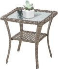 Belord Handwoven Wicker Side Table - 20 Inch Small Outdoor Table 2 Tier Storage with Tempered Glass Top, All Weather Outdoor Patio End Tables for Deck Balcony Outside Gray