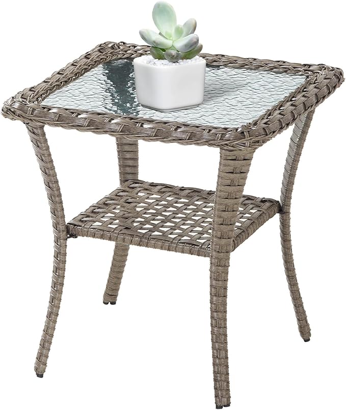 Belord Handwoven Wicker Side Table - 20 Inch Small Outdoor Table 2 Tier Storage with Tempered Glass Top, All Weather Outdoor Patio End Tables for Deck Balcony Outside Gray