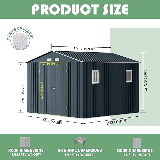 Breezz Outdoor Storage Shed 10X10FT. Utility Tool Shed Metal Storage Garden Shed with Lockable Doors, Windows & Metal Frame Floor for Patio Storage, Nightblue