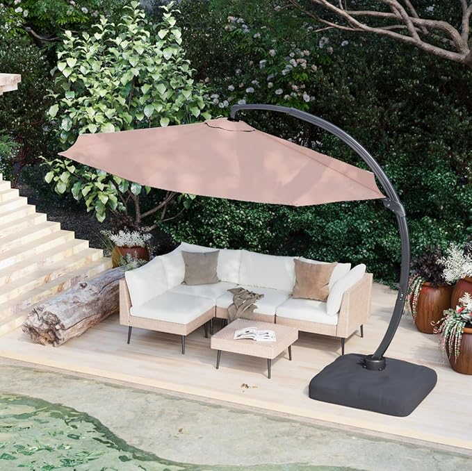 ENSTVER 11FT Cantilever Patio Umbrella With Base Included, Round Large Aluminum Outdoor Cantilever, Heavy Duty Offset Umbrella with 360°Rotation for Pool, Deck, Backyard, Garden(Pink)
