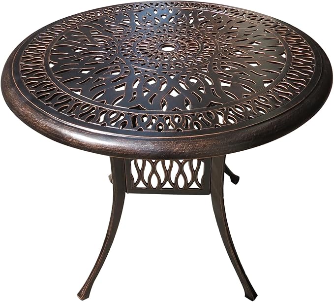 FAPOLITE Outdoor Table Cast Aluminum Round Patio Table with Umbrella Hole All Weather Outdoor Dining Table for Lawn Garden Backyard (90cm YLSB Round Table)