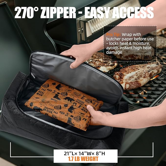 BBQ Blanket for Resting Meat, Leak-Proof Insulated Meat Resting Bag, 270°Top Opening for Large Briskets, Turkey, Washable Smoker Accessories Gift for Men, Christmas Stocking Stuffers for BBQ Lover