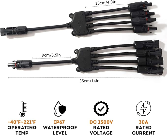 XYRIS Solar Connectors - Y Branch Parallel 1 to 4 Adapter Cable Wire Plug Tool Kit for Solar Panel (M/FFFF+F/MMMM, 1 Pair)
