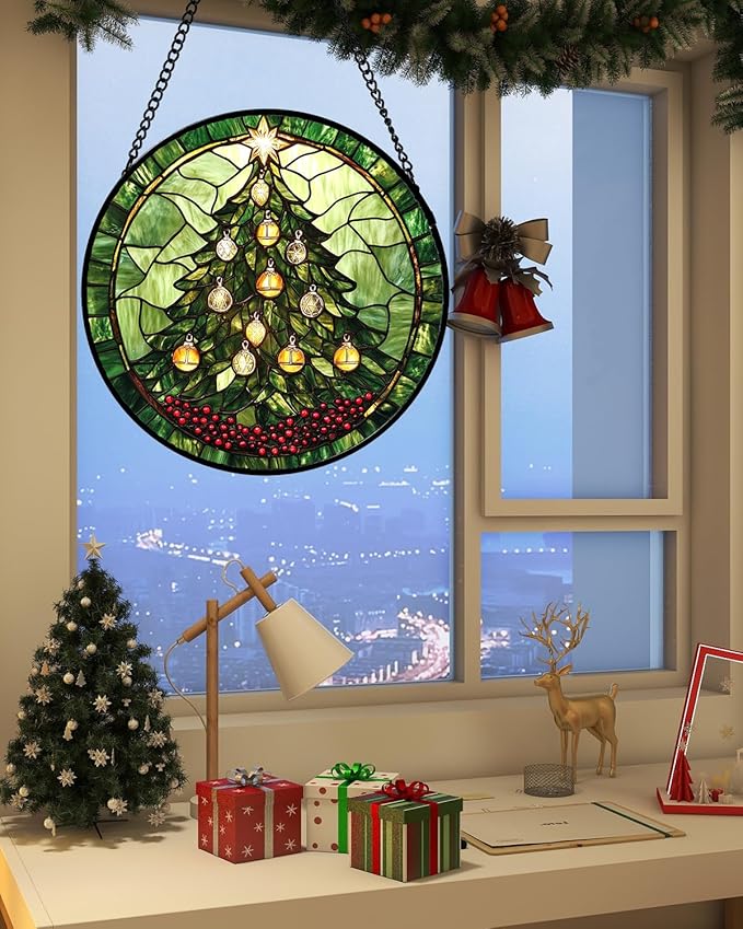 DASTOLL Stained Glass Window Hanging - Green Christmas Tree Golden Bells Suncatcher for Doors Home Christmas Decoration Sun Catcher Thanksgiving New Year Birthday Gift for Women Men Mom Nana 15 in